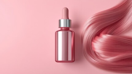 Pink hair serum bottle and shiny pink hair on pink background.