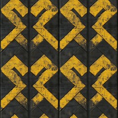Rusty steel surface with arrow-shaped warning pattern.