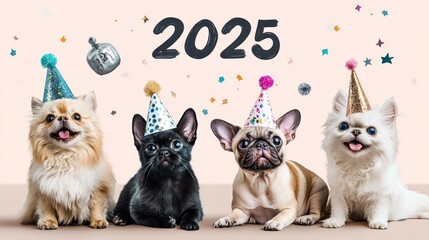 Four adorable dogs in party hats celebrate 2025 with confetti.