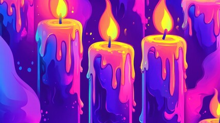 Vibrant, dripping candles with neon colors and abstract smoke.