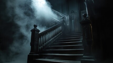 Mysterious, dark, old wooden staircase in a spooky mansion, shrouded in fog.