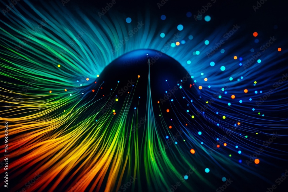 Aufkleber abstract glowing fiber optic strands radiating from a central sphere on a dark background, symbolizi