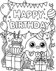 Happy birthday celebration illustration with cake and festive decorations