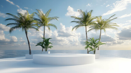 Fototapeta premium Tropical paradise: Modern podium with palm trees and ocean backdrop for product presentation