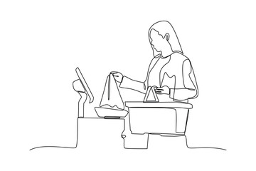 Cashier processing purchase with continuous line drawing technique