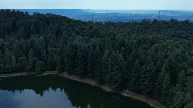 Aerial Scenic view Meugliano Lake in Val di Chy or Valchiusella, near Brosso town, Ivrea