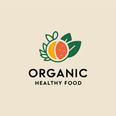 A playful organic food logo design depicting cheerful fruits and vegetables in a circular layout, promoting nutrition and a sense of community in a fun and engaging manner.