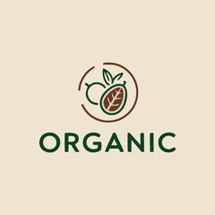 A minimalist organic food logo highlighting a simple green leaf alongside fresh produce, emphasizing purity and natural ingredients in a modern and sophisticated manner.