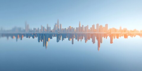 Obraz premium financial trouble bankruptcy recovery concept. Urban skyline reflected in calm water during sunset.