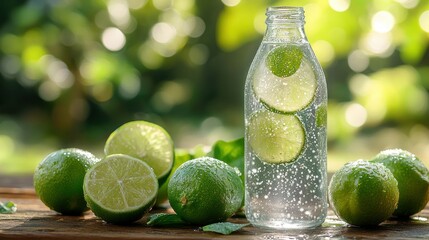 Refreshing lime water in a bottle, surrounded by limes