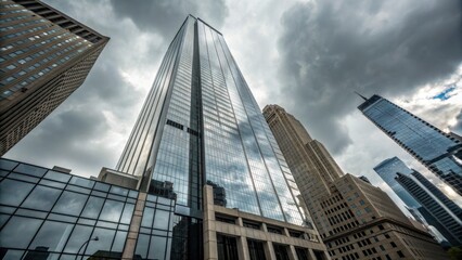 Fototapeta premium Dramatic low angle perspective of modern skyscrapers reaching towards a dramatic sky with reflective glass facades