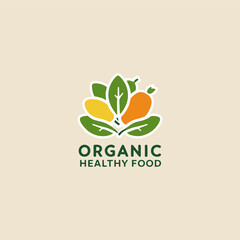 A vibrant organic healthy food logo depicting a colorful assortment of fresh fruits and vegetables, symbolizing health and sustainability in an eye-catching design.