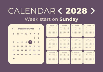 Calendar 2028 application style and the week starts on Sunday