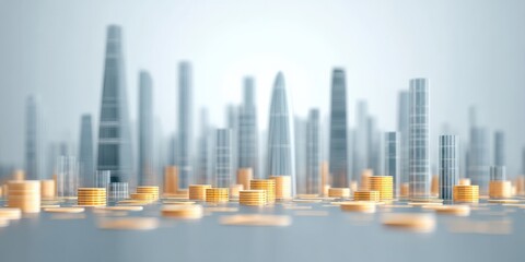 Fototapeta premium financial trouble bankruptcy recovery concept. Blurry city skyline with stylized buildings and water reflections.