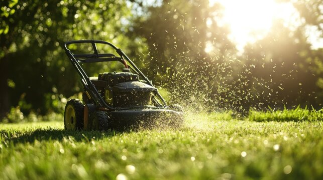 A dynamic action shot of a lawn mower cutting grass, with flying clippings and sunlight adding energy to the scene.
