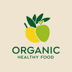 A vibrant organic healthy food logo featuring an artistic arrangement of fresh fruits and vegetables, symbolizing health and sustainability in a modern and appealing design.