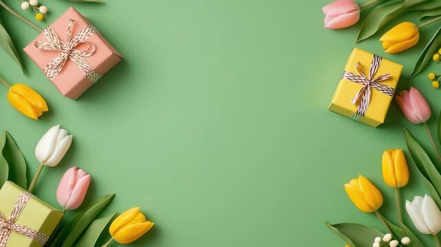 Colorful Spring Background with Gift Boxes and Fresh Tulips on Green Surface for Seasonal Celebrations