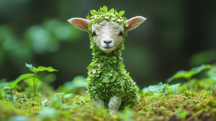 Obraz premium Green leaves forming the body of a goat in a forest. Concept of water, environment and ecology 