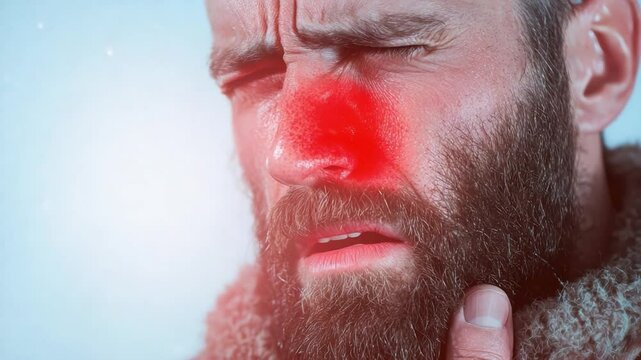 Close-Up of Man with Expressive Face Experiencing Pain or Discomfort Against a Soft Light Background