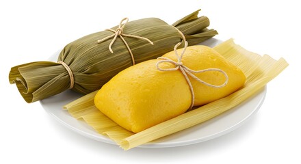 Traditional pamonha tied in corn husk, isolated on white