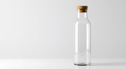 Transparent glass bottle with cork cap, isolated on white