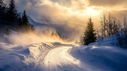Spectacular winter scenery: Snow-covered road leading to mountain sunset wonderland
