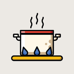 Open Boiling Cooking Pot with Steam Rising in Flat Vector Illustration for Kitchen Use