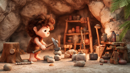 3D cartoon of a cleaver stone age child