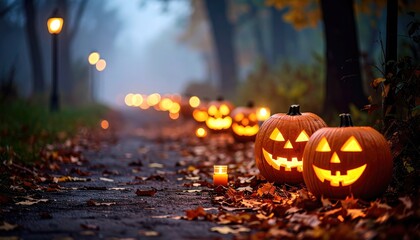 Outdoor Halloween Setup. A misty path lined with glowing jack-o'-lanterns and soft lights, creating a spooky yet enchanting Halloween atmosphere.