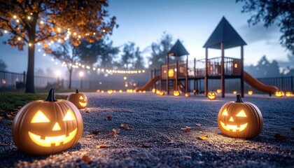 Outdoor Halloween Setup. A spooky playground scene with glowing jack-o'-lanterns and autumn trees, creating a festive Halloween atmosphere.