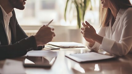Business People Discussing Ideas at Meeting Table in Bright Office