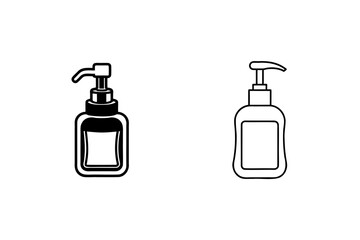 Simple vector illustrations of hand soap dispenser bottles in outlined black and white