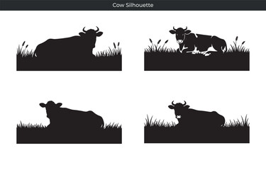 Obraz premium Black cow silhouettes resting in grass simple farm animal illustrations for design projects