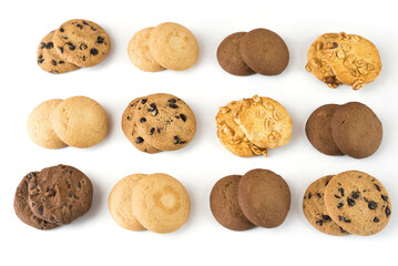 Set of different round cookies on white