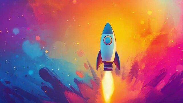 Vibrant Rocket Launch Against Colorful Abstract Background with Dynamic Flames and Bright Hues 4k video footage