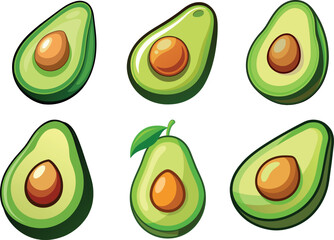 Fresh Avocados Vector Set  Whole, Sliced, and Halved Avocado Illustrations