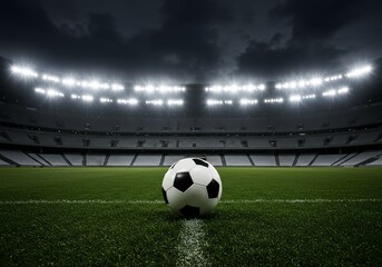 Soccer ball at stadium field with dark sky; for sport, advertising, recreation