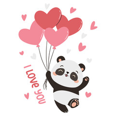 Flat vector illustration in a simple children's style. Cute panda flying on heart shaped balloons. Illustration for valentine's day on white background, lettering I love you. Vector illustration