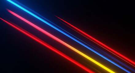 Fototapeta premium Vibrant, glowing diagonal neon lines in primary colors on a black background. An abstract, futuristic design representing speed, energy, and technology. 