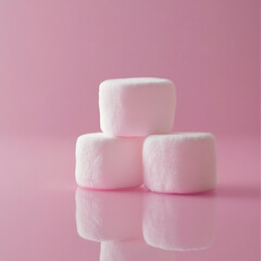 Three fluffy pink marshmallows stacked reflecting on a smooth pink surface abstract food confectionery concept