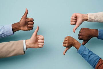 Diverse hands showing thumbs up and thumbs down gestures against a light blue background, representing approval and disapproval, good and bad feedback