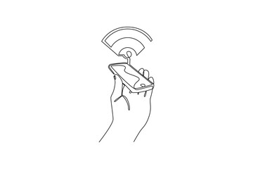 Hand holding smartphone with wifi signal. continuous line drawing
