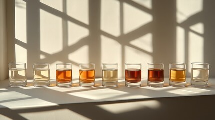 Row of small glasses, filled with liquids of varying shades,  sit on a windowsill, bathed in sunlight.  Shadows from a lattice window create a geometric pattern