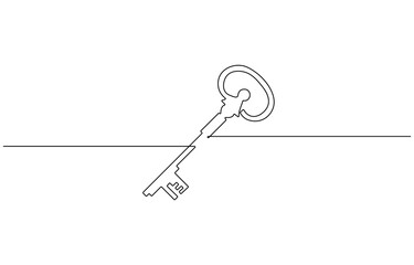 Continuous One line drawing of Antique Key. Symbolizing mystery with a minimalistic key design, Security concept continuous line art. Editable outline.