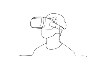 Man wearing virtual reality headset in continuous line drawing style