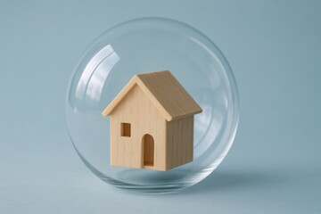 Small Wooden House Protected Inside Clear Glass Sphere, Conceptual Image Representing Home Security or Insurance
