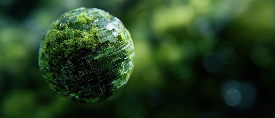Futuristic green tech sphere with digital patterns and moss texture, representing eco-innovation.