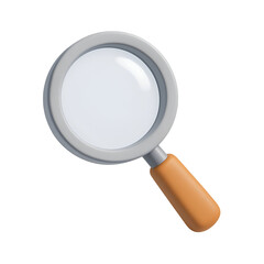 A 3D rendered magnifying glass with a gray rim and an orange handle, isolated on a black background