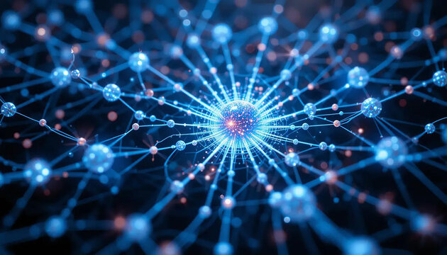 Hyperintelligent node web, each node pulsing with holographic memory streams.