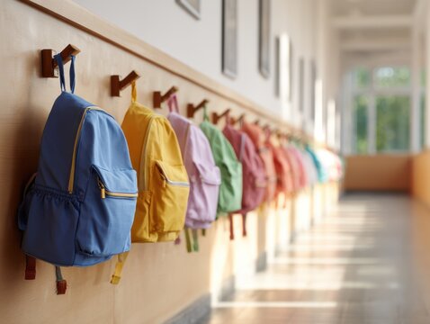 Row of vibrant school backpacks neatly hung along hallway hooks.